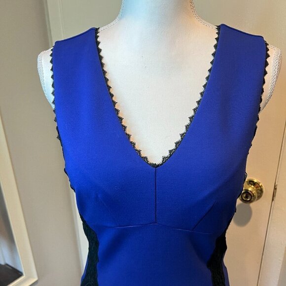 Rebecca Taylor Royal Blue with Black Lace Trim Sleeveless Midi Dress, Size 2 - Picture 2 of 15